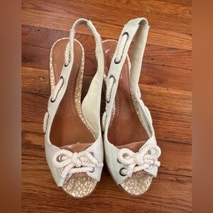 Sperry Wedge Sandals Slingback Canvas Leather Cream/white Womens Size 8.5